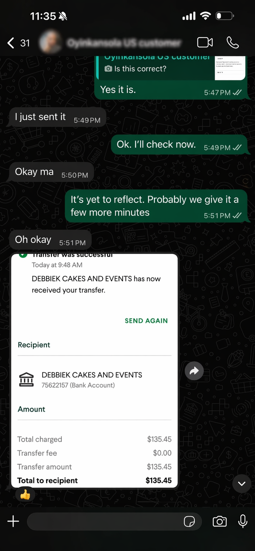 Recent customer order conversation for DebbieK Cakes and Events